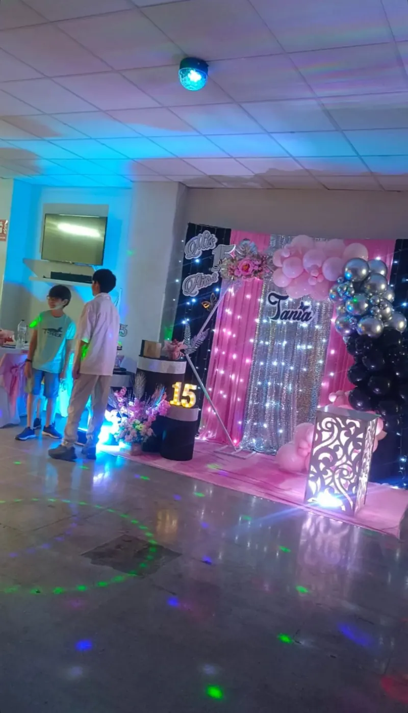 Montaje para quinceañera con globos rosas y fondo plateado en Sabadell